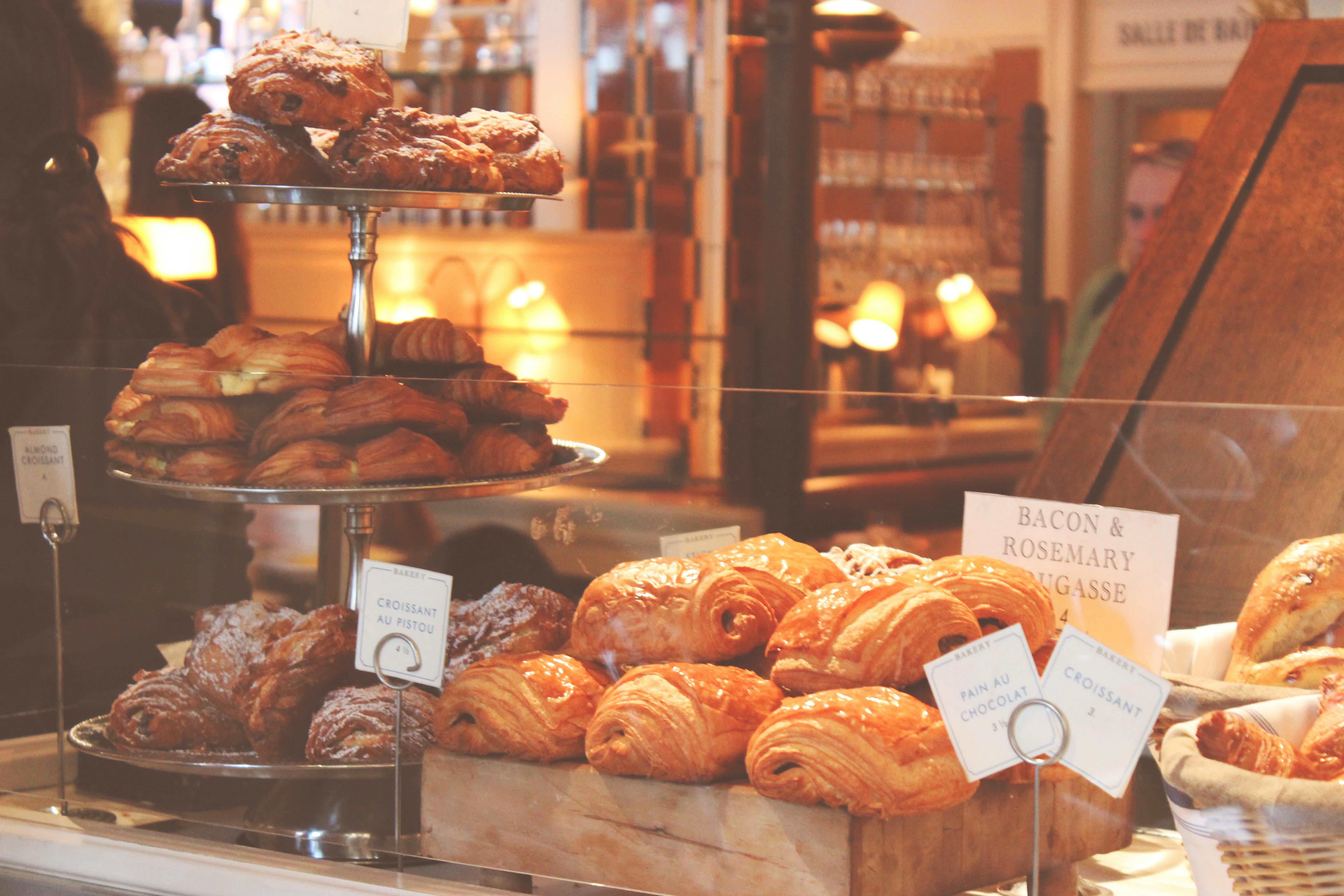 Assortment of fresh pastries in a bakery display