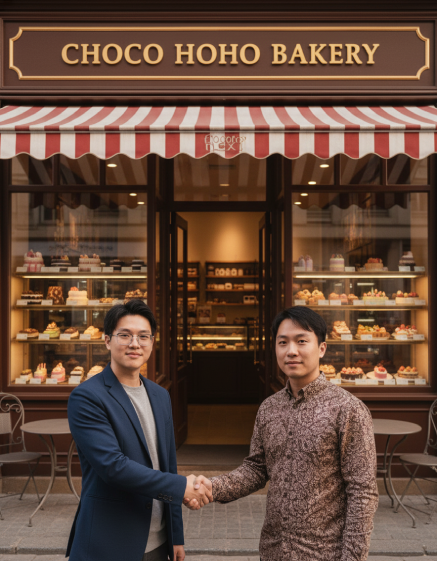 Our Investors, Long and Hiep, shaking hands at Choco Hoho Bakery
